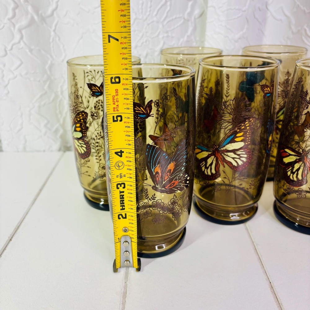 Vintage MCM Amber Tumbler Glasses Colorful Boho Bohemian Butterfly - Picture 8 of 8